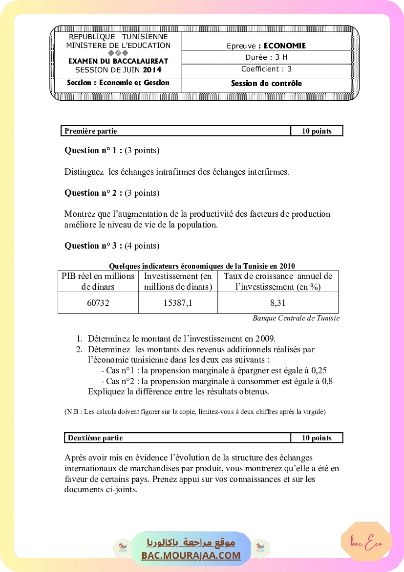 Sujet controle eco Bac 2014 – Section eco